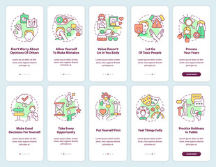 Practicing self-love everyday onboarding mobile app screen set. Walkthrough 5 steps graphic instructions pages with linear concepts. UI, UX, GUI template. Myriad Pro-Bold, Regular fonts used