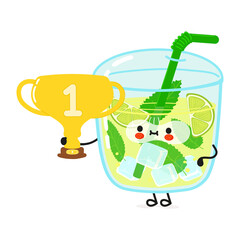 Cute funny mojito hold gold trophy cup. Vector hand drawn cartoon kawaii character illustration icon. Isolated on white background. Mojito with winner trophy cup