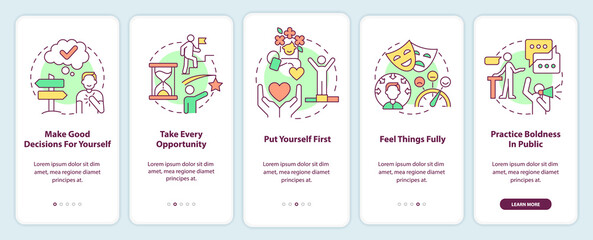 Ways to self love onboarding mobile app screen. Take every opportunity walkthrough 5 steps graphic instructions pages with linear concepts. UI, UX, GUI template. Myriad Pro-Bold, Regular fonts used