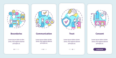 Foundation of healthy relationships onboarding mobile app screen. Walkthrough 4 steps graphic instructions pages with linear concepts. UI, UX, GUI template. Myriad Pro-Bold, Regular fonts used