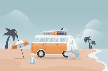 Summer bus with surfboard and baggage on tropical beach with palm trees and sea. Illustration in flat design © Julia Bilevych