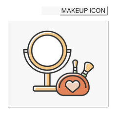  Beauty procedure color icon. Table mirror with illumination and makeup kit. Makeup concept. Isolated vector illustration