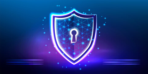 Fototapeta na wymiar Security shield with padlock icon. Protection icon. Money safety, insurance, business and finance concept. Polygonal icon for business. Vector ilustration