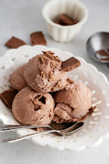 Chocolate ice cream balls, scoops in white bowl on gray background