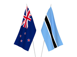 National fabric flags of Botswana and New Zealand isolated on white background. 3d rendering illustration.