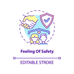 Feeling of safety concept icon. Image of healthy relationships abstract idea thin line illustration. Emotional wellbeing. Isolated outline drawing. Editable stroke. Arial, Myriad Pro-Bold fonts used