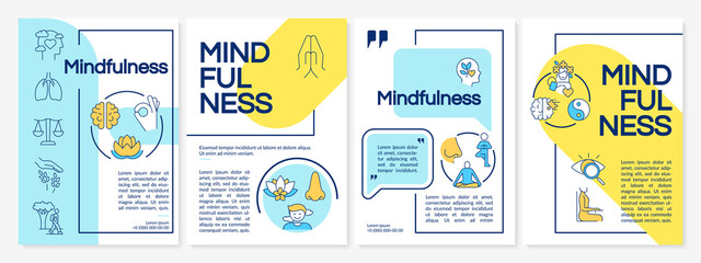 Mindfulness techniques blue and yellow brochure template. Positivity and relax. Leaflet design with linear icons. 4 vector layouts for presentation, annual reports. Questrial, Lato-Regular fonts used