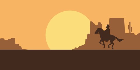 Naklejka premium Cowboy riding horse at sunset background vector illustration