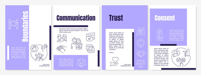 Building healthy relationships purple brochure template. Good boundaries. Leaflet design with linear icons. 4 vector layouts for presentation, annual reports. Anton, Lato-Regular fonts used