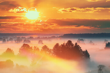 Amazing Sunrise Sunset Over Misty foggy Landscape Scenic View Of Morning Sky With Rising Sun Above Forest. altered sunrise sky.