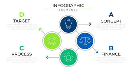 Four steps business infographic elements plan concept design vector with icons. Workflow process network project template for presentation and report.