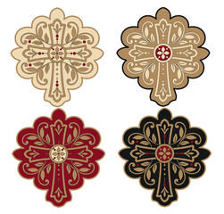 GOLD EMBROIDERY FOR LITURGICAL CLOTHES AND SACRED CEREMONIES. SACRED CATHOLIC SYMBOLS IN ANCIENT STYLE WITH GOLDEN DECORATIONS