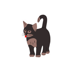 Cute cat standing with tail raised up. Happy funny kitty. Feline animal. Adorable kitten with tongue out. Flat vector illustration isolated on white background