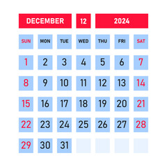 December 2024 calendar template design. Desktop calendar in simple style. Corporate or business calendar. English vector calendar.
Sunday is at the beginning of the week.