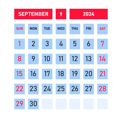 September 2024 calendar template design. Desktop calendar in simple style. Corporate or business calendar. English vector calendar.
Sunday is at the beginning of the week.