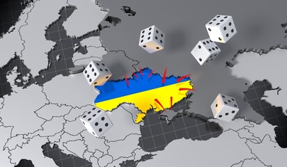 Russia, Belarus and Ukraine invasion/ war map, dice - 3D illustration