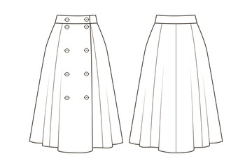 Fashion technical drawing of flared double-breasted midi skirt.