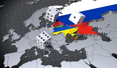 Russia and Ukraine map, dice - 3D illustration
