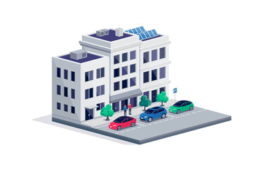 Modern cars parked on town city street centre road near office residential buildings. Persons standing talking near vehicles on sidewalk. Isolated vector illustration on white background.