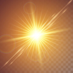 Bright golden glowing beam of light flashed, star, glare on a transparent background.