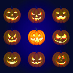 Jack-o-lantern pumpkins isolated different smiles faces set collection