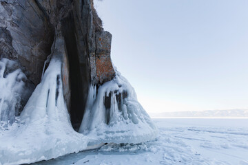Icicles in Olkhon island rock. Lake Baikal