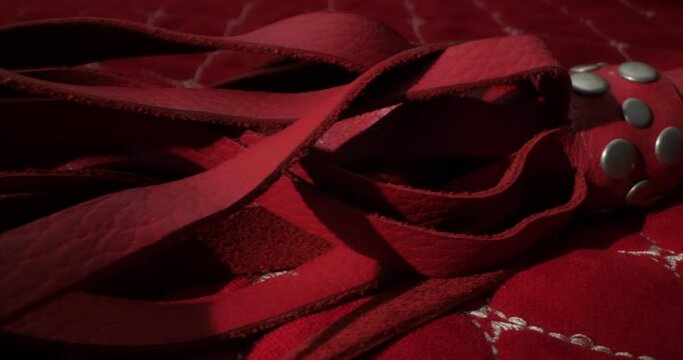 detailed, extreme close-up of a red whip on a red blanket