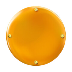 Orange round painted plate with gold bolts isolated. Vector.