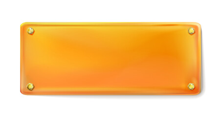 Orange rectangular painted plate with gold bolt or screws isolated. Vector illustration Eps10.