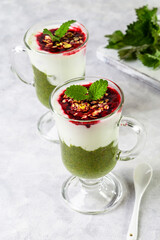 Delicious dessert with a layer of yogurt, nettle smoothie and honeysuckle jam. Dessert is served in a glass with a spoon. Copy space