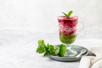 Delicious dessert with a layer of yogurt, nettle smoothie and honeysuckle jam. Dessert is served in a glass with a spoon. Copy space