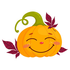 Funny smiling pumpkin with autumn leaves. Autumn cartoon character. Vector graphics.