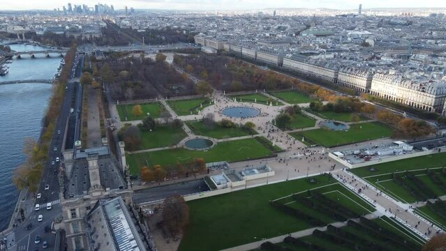 Drone view of the Tuileries Garden on the banks of the Seine River in Paris