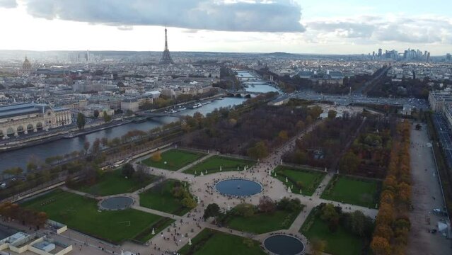 Drone view of the Tuileries Garden and the River Seine with a panorama of Paris