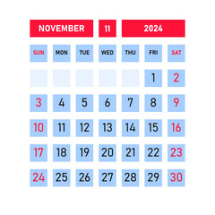 November 2024 calendar template design. Desktop calendar in simple style. Corporate or business calendar. English vector calendar.
Sunday is at the beginning of the week.