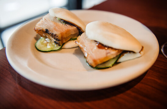 Steamed yeast dough rolls with pork belly, hoisin sauce and cucumber.