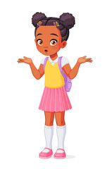 Confused African American girl shrugging shoulders. Cartoon vector illustration.