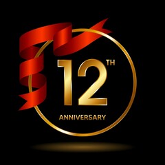 12th Anniversary logo. Anniversary celebration template design with golden ribbon for booklet, leaflet, magazine, brochure poster, banner, web, invitation or greeting card. Vector illustrations.