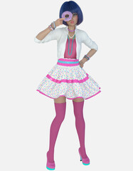 Full length portrait of adorably cute Kady with short blue hair standing holding a donut to her eye pouting on an isolated white background. Kady is a 3D illustration character model render.