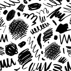Black paint scribble line vector seamless pattern. Wavy and curly lines, dry brush stroke texture. Zig zag, swirls and dots. Abstract vector backgrounds in black and white. Hand drawn pen scribbles