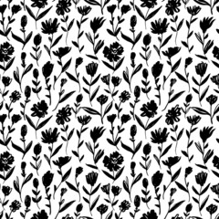 Fototapeta na wymiar Brush black small flowers with leaves vector seamless pattern. Hand drawn black paint ink illustration with abstract floral motif. Hand drawn painting for your fabric, wrapping paper, wallpaper design