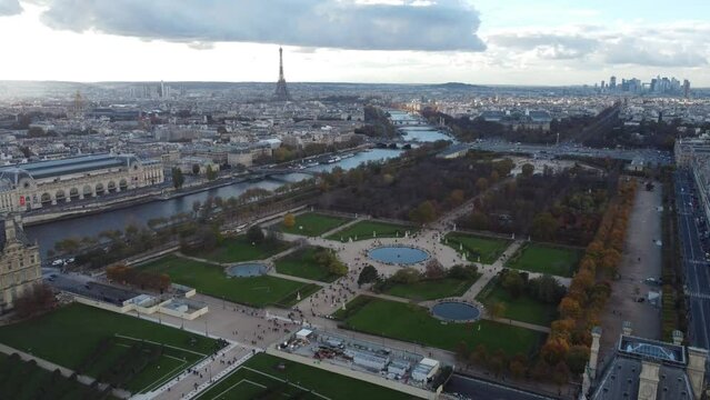 Drone view of the tourist part of Paris from the Tuileries Garden and the Seine
