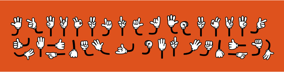 Vintage cartoon hands in gloves. Cute animation character body parts. Comics arm gestures and vector set.