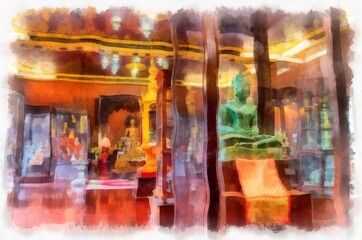 Architectural landscape of ancient temples and ancient art in northern Thailand. Illustrations. Impressionist watercolors.