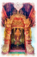 Architectural landscape of ancient temples and ancient art in northern Thailand. Illustrations. Impressionist watercolors.