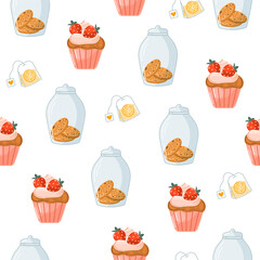 Tea time cute set. Cupcakes with strawberries, cookies, tea bag. Hot drinks. Home comfort. Cozy collection. Vector cartoon illustration isolated on the white background.