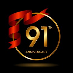 91th Anniversary logo. Anniversary celebration template design with golden ribbon for booklet, leaflet, magazine, brochure poster, banner, web, invitation or greeting card. Vector illustrations.