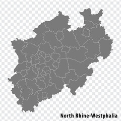 Map Free State of North Rhine-Westphalia on transparent background. North Rhine-Westphalia map with  districts  in gray for your web site design, logo, app, UI. Land of Germany. EPS10. - obrazy, fototapety, plakaty