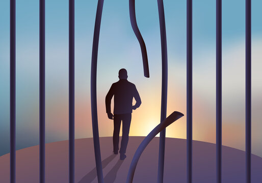 Concept de l’évasion et de la liberté avec un homme qui s’échappe d’une prison en sciant les barreaux.
