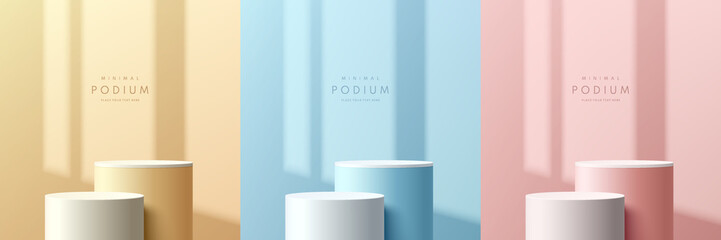 Set of pink, yellow, blue and white realistic 3d cylinder stand podium with window shadow overlay. Vector abstract room with geometric forms. Minimal scene for products showcase, Promotion display.